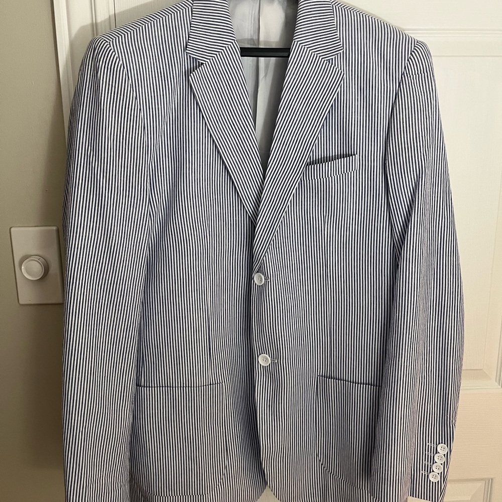 Blue and White Seersucker Summer Suit with Modern Fit